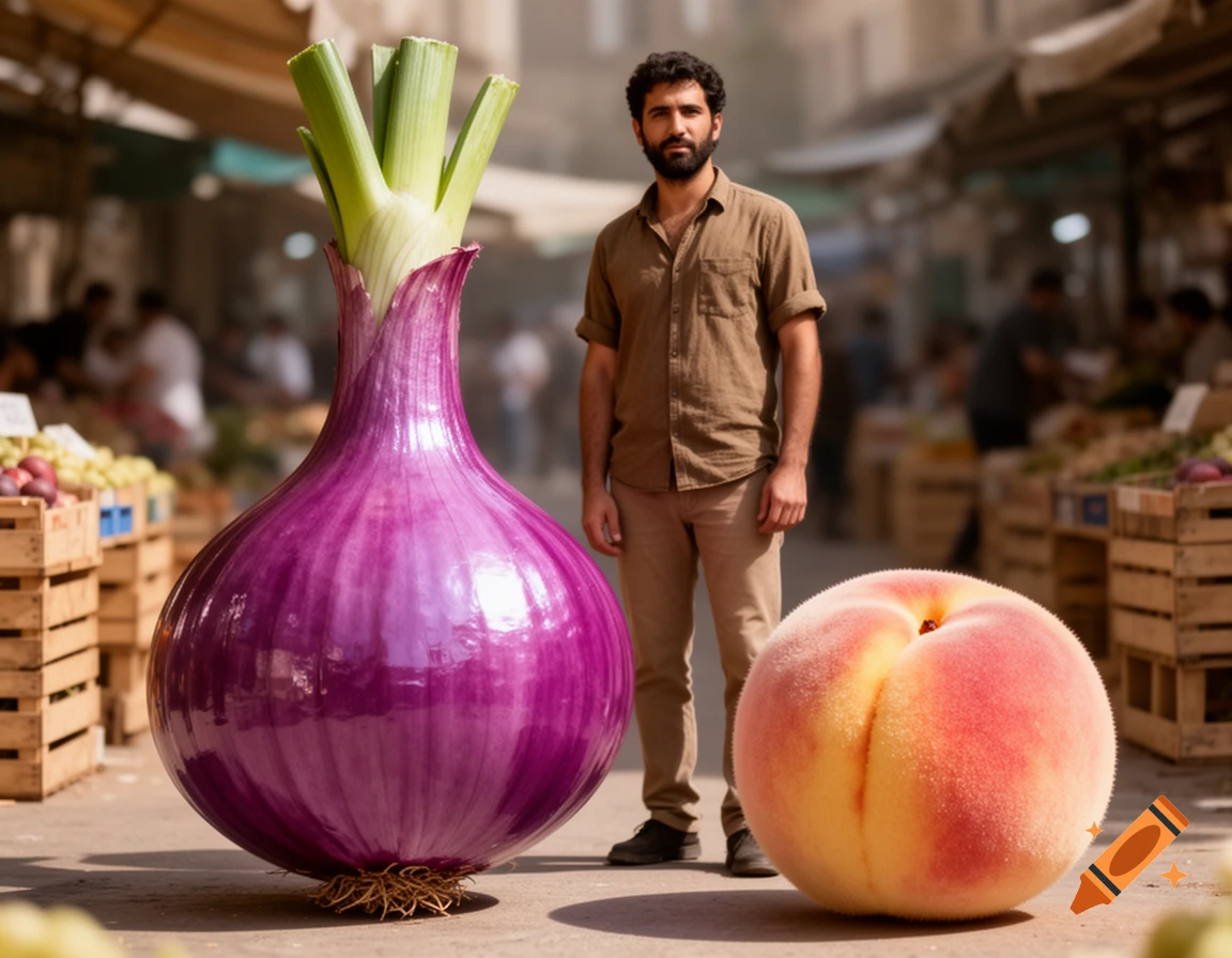 A man stands between a giant purple onion and a giant peach in a bustling outdoor market, photorealistic.