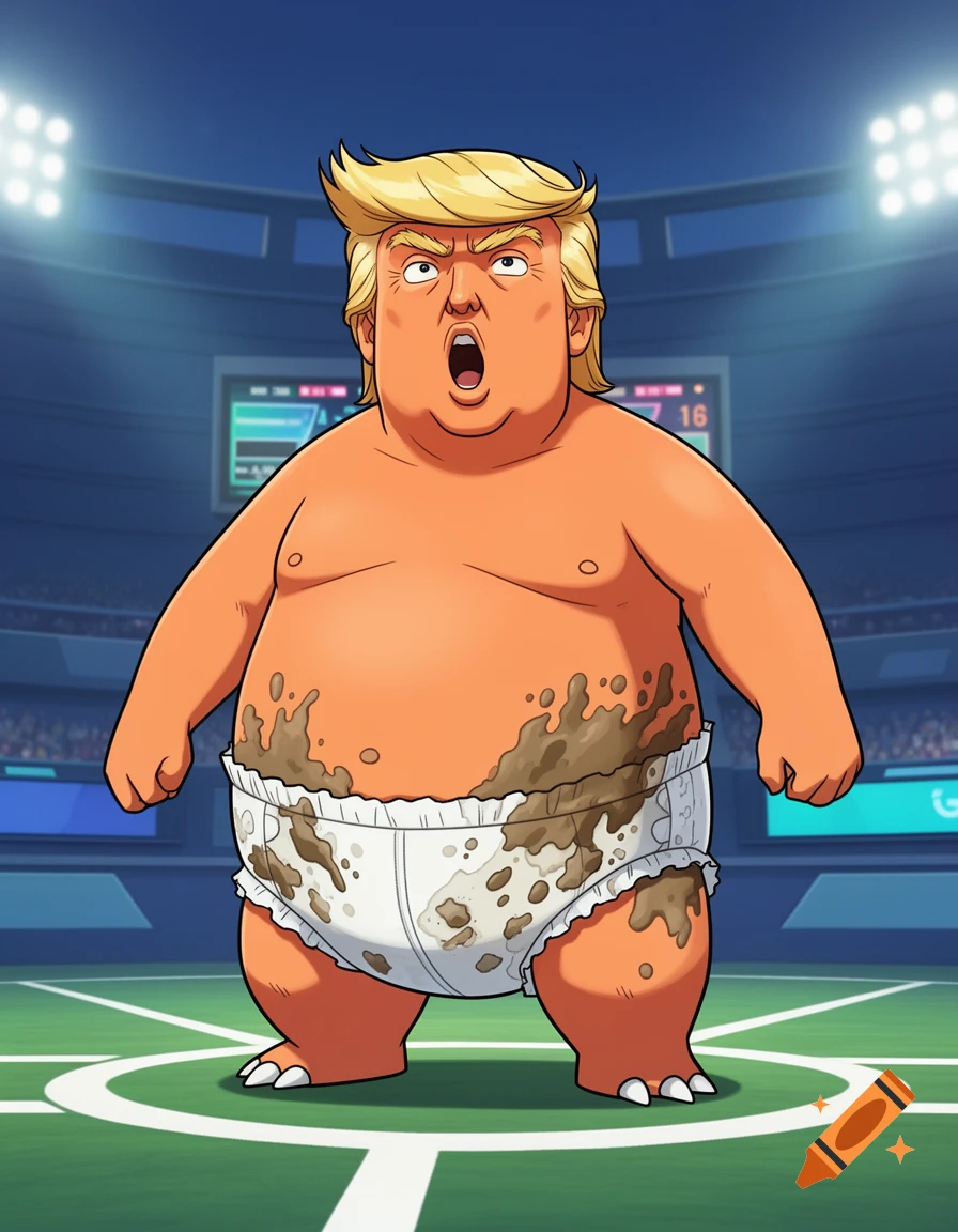 Cartoon caricature of Donald Trump as a huge, angry baby in a mud-stained diaper, standing on a sports field.