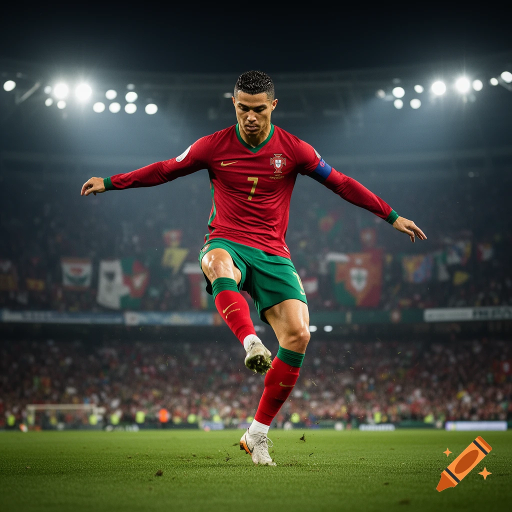 Cristiano Ronaldo in a red and green Portugal jersey with number 7, dribbling a soccer ball on a brightly lit field.