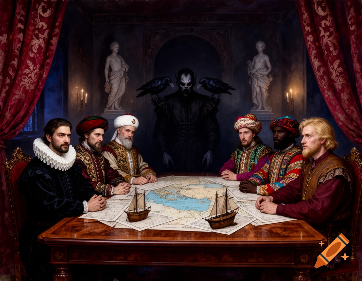 An illustration of six historical merchants from different regions at a table with maps and ship models, overlooked by a shadowy vampire.