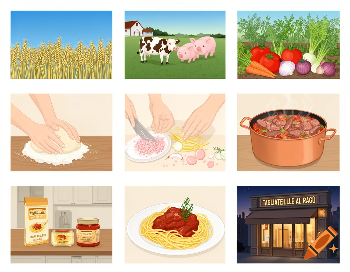 A 3x3 grid of flat-style illustrations showing the steps to make tagliatelle al ragú, including growing wheat, farm animals, vegetables, preparing pasta and sauce, and a restaurant.