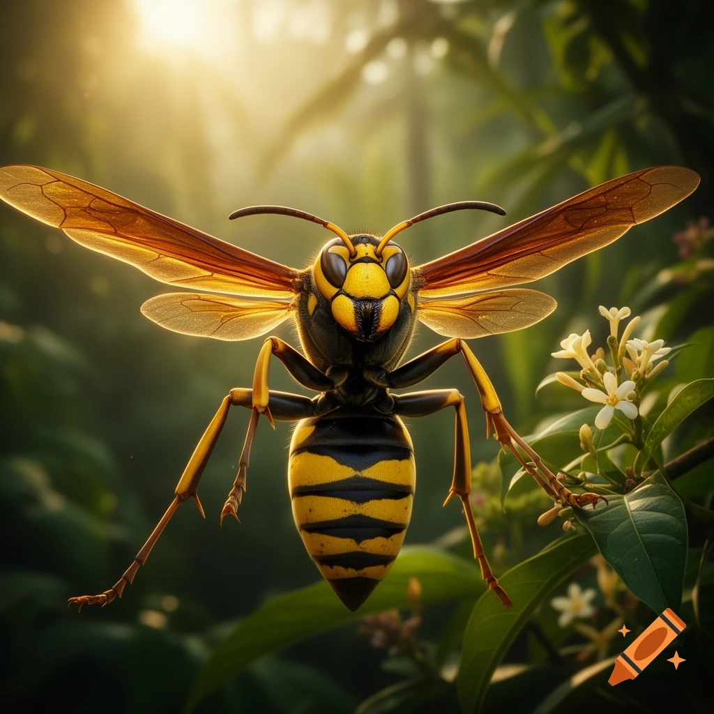 A close-up, photorealistic view of a detailed yellow and black wasp with transparent wings, hovering in a lush green, sunlit environment.