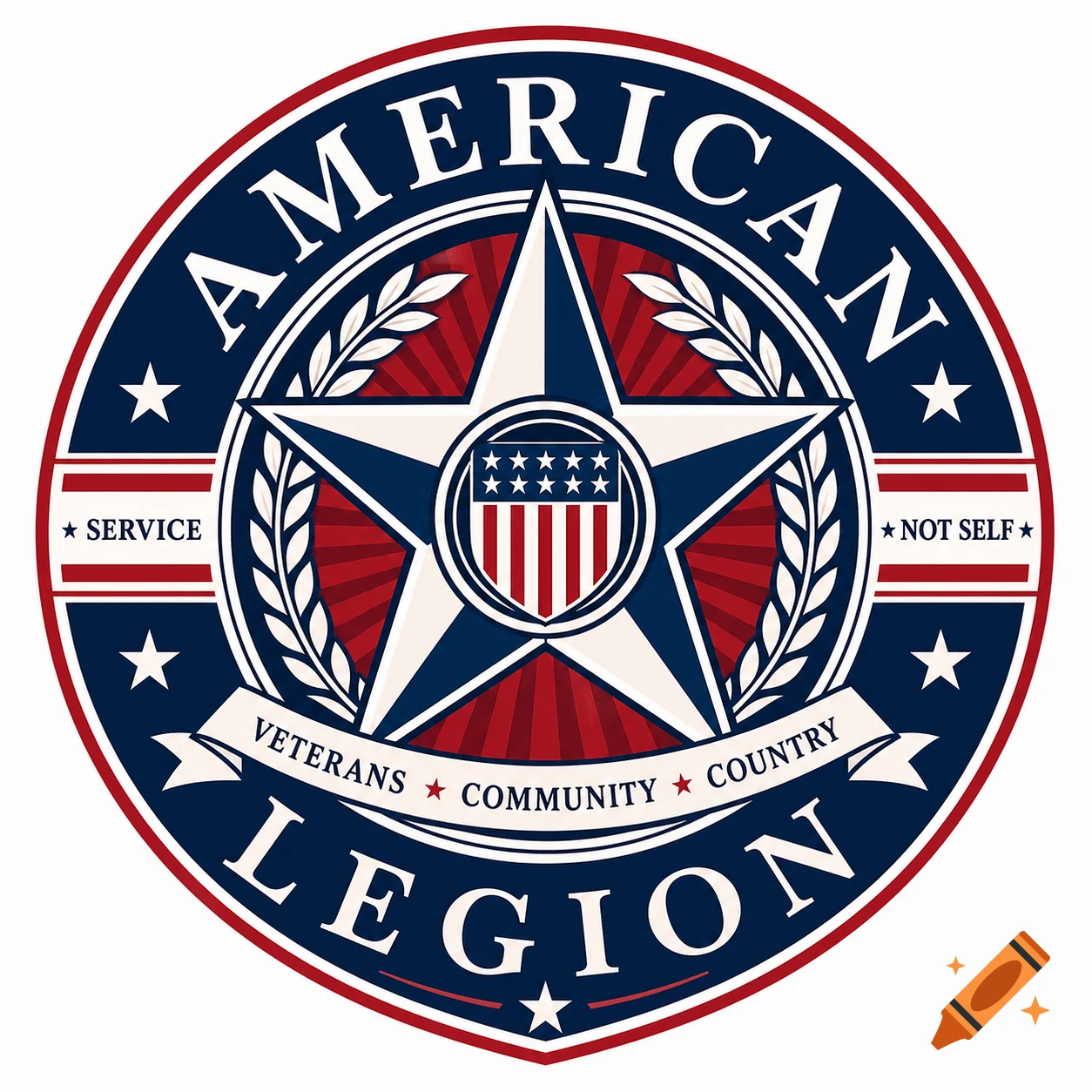 A round, patriotic American Legion logo in red, white, and blue, featuring stars, stripes, and text like 'AMERICAN LEGION', 'SERVICE', 'VETERANS'.