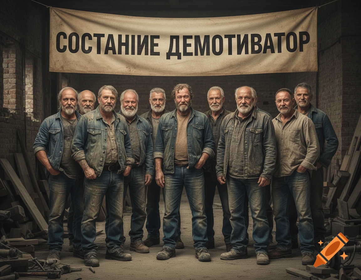 A group of older men in denim jackets and jeans stand together in a dusty industrial workshop under a banner that reads 'СОСТАНИЕ ДЕМОТИВАТОР' (STATE DEMOTIVATOR).