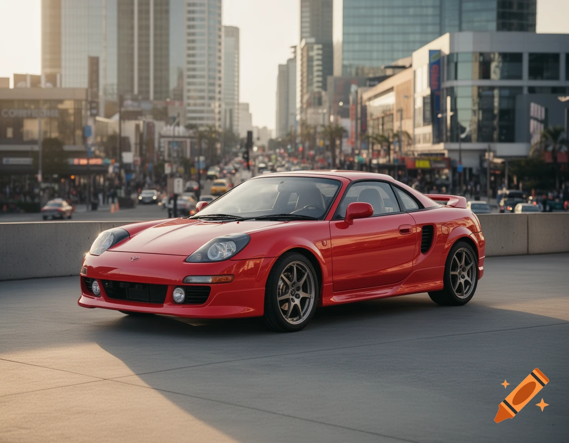 A red Toyota MR2 W30 with a hardtop parked on a city street, with buildings and traffic in the background.