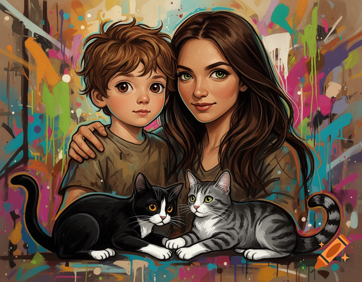A cartoon illustration of a woman hugging a boy, with a black-and-white cat and a tabby cat in front, all against a vibrant graffiti background.