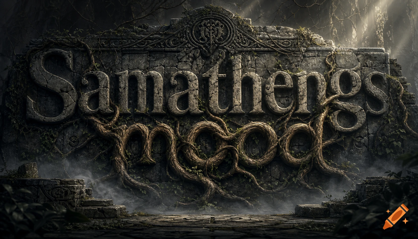 Ancient stone carving with the word 'Samathengs' and roots forming the word 'mood' below it, in a mysterious, dark forest setting.