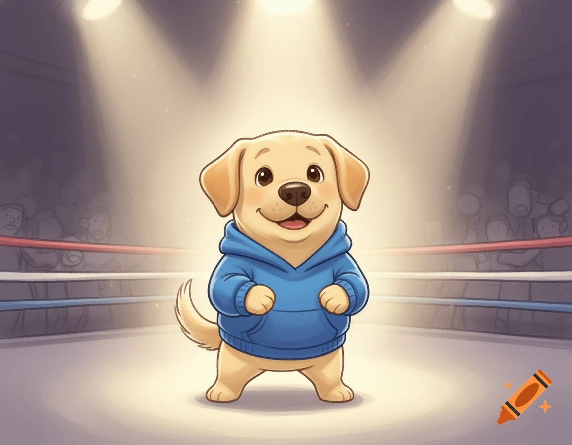 A cute cartoon yellow Labrador dog wearing a blue hoodie stands in a spotlighted boxing ring, smiling.