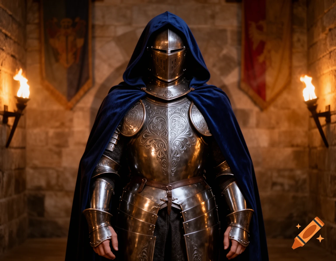 A knight in full ornate silver armor and a dark blue hooded cape stands in a torchlit stone castle hall with banners.