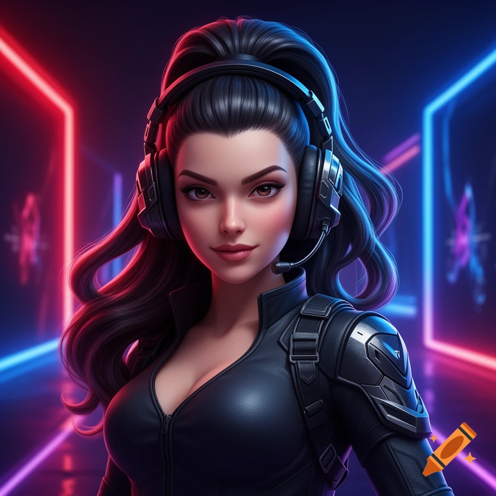 3D illustration of a female gamer avatar in tactical gear and gaming headset, against a neon red and blue synthwave background.