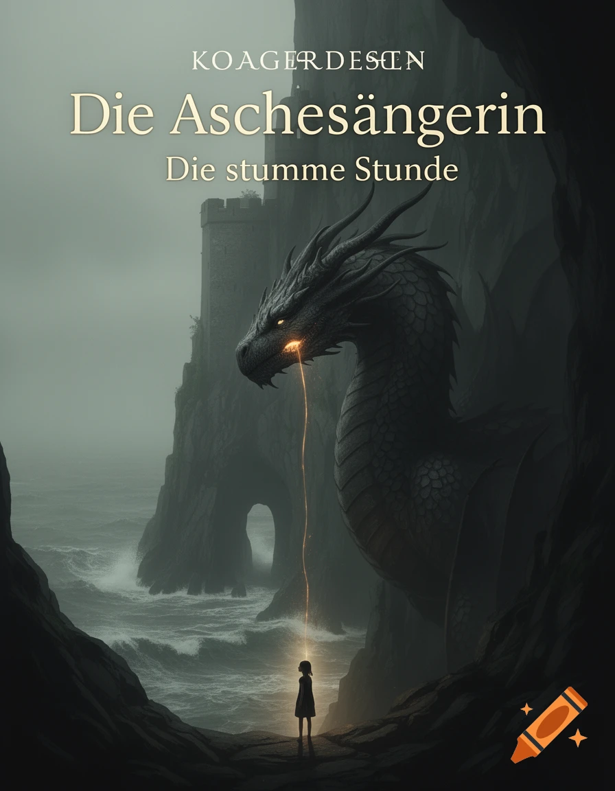 Dark fantasy book cover with a giant dragon's head emitting a glowing thread towards a small silhouetted girl on a rocky shore, with a misty sea and fortress in the background.