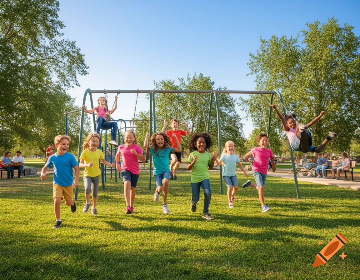 Multiracial kids run and play happily in a sunny park. Some are on swings, while others are running across the grass.