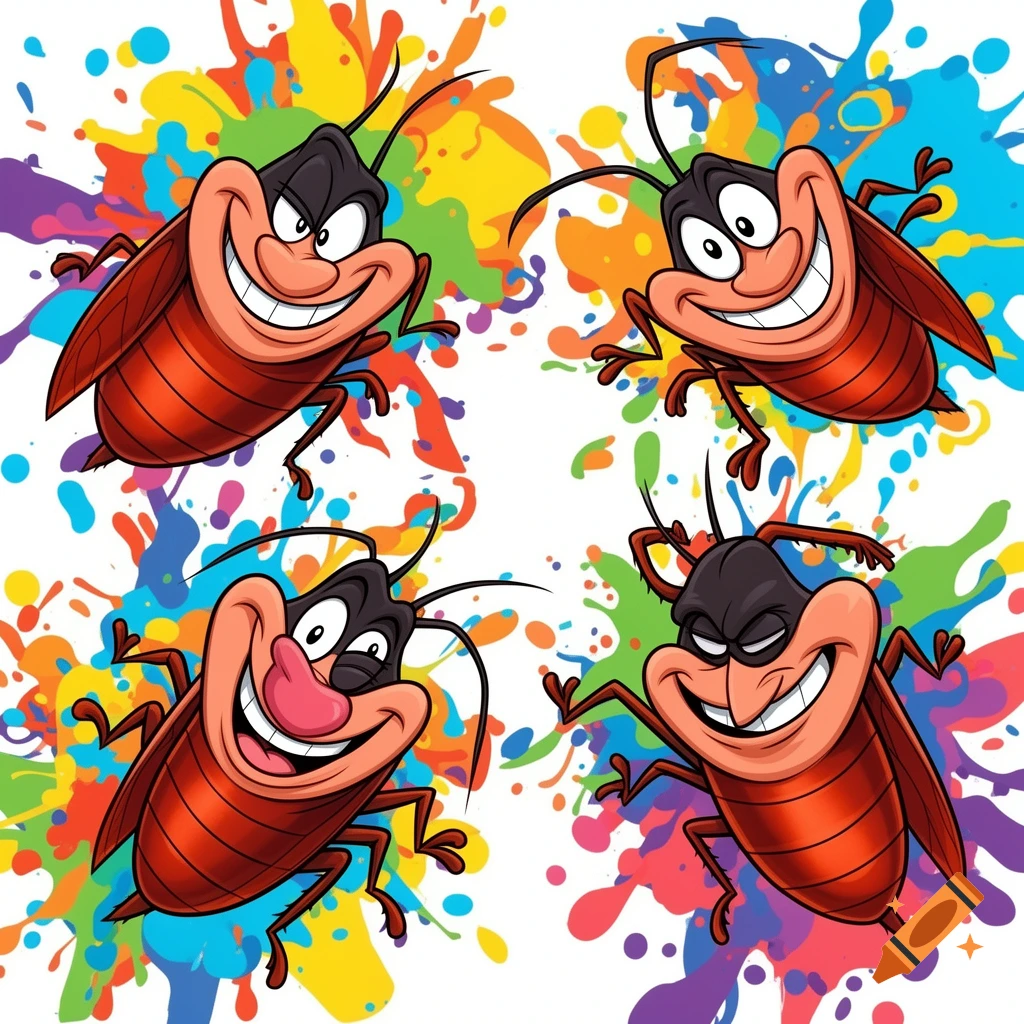 Four expressive cartoon cockroaches with different facial expressions surrounded by colorful paint splatters.