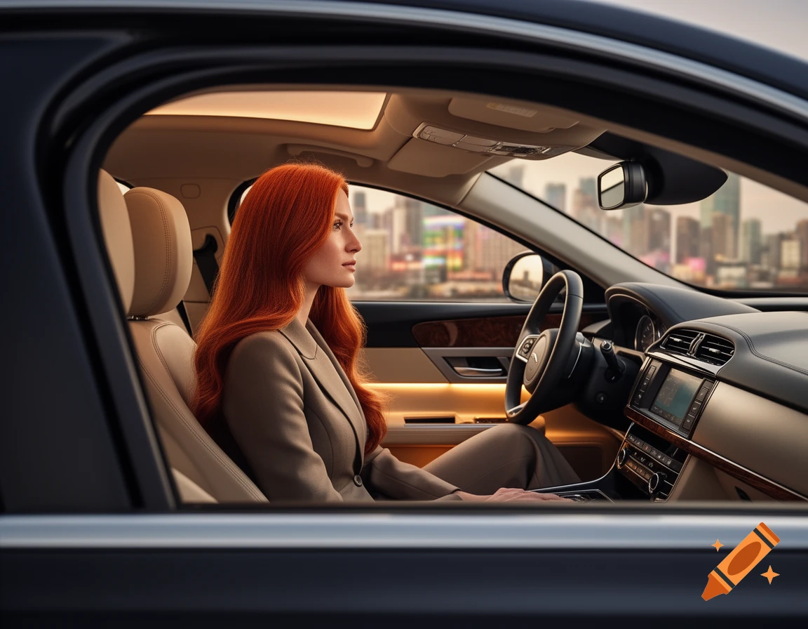 Red-haired woman in a business suit sits in the driver's seat of a luxury car, looking out at a city skyline.