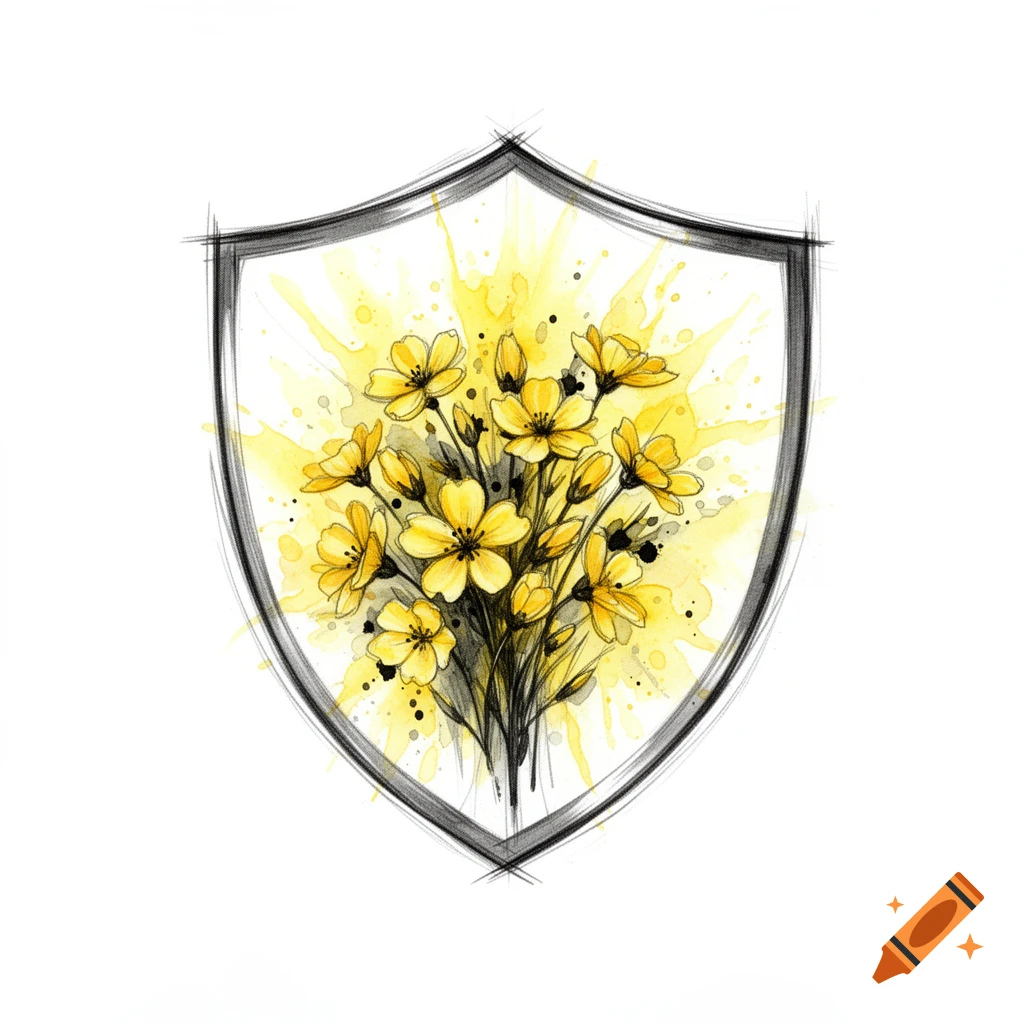 Watercolor sketch of a heraldic shield outline filled with blooming yellow wildflowers, with black ink and yellow watercolor effects on a white background.