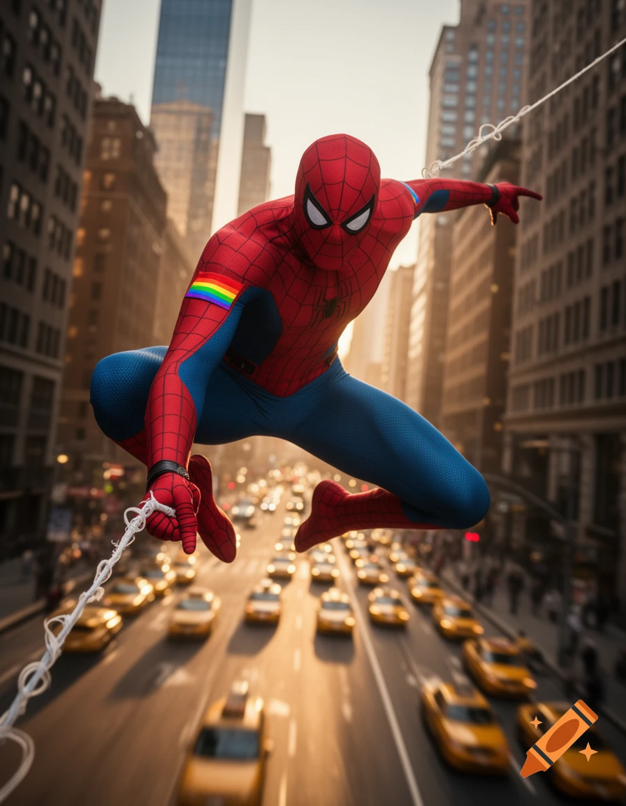 Photorealistic image of Spider-Man with a rainbow armband swinging over a busy city street filled with yellow cabs.