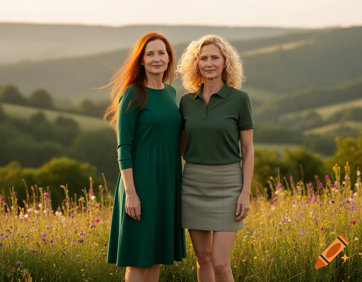 Two women, one with red hair in a green dress and one with blonde curls in a polo and skirt, stand in a field of wildflowers with hills at sunset.