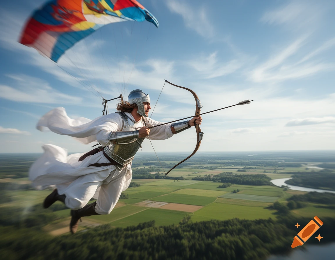 A man in white robes and silver armor flies through the sky with a colorful paraglider, aiming an arrow from his bow towards the green land below.