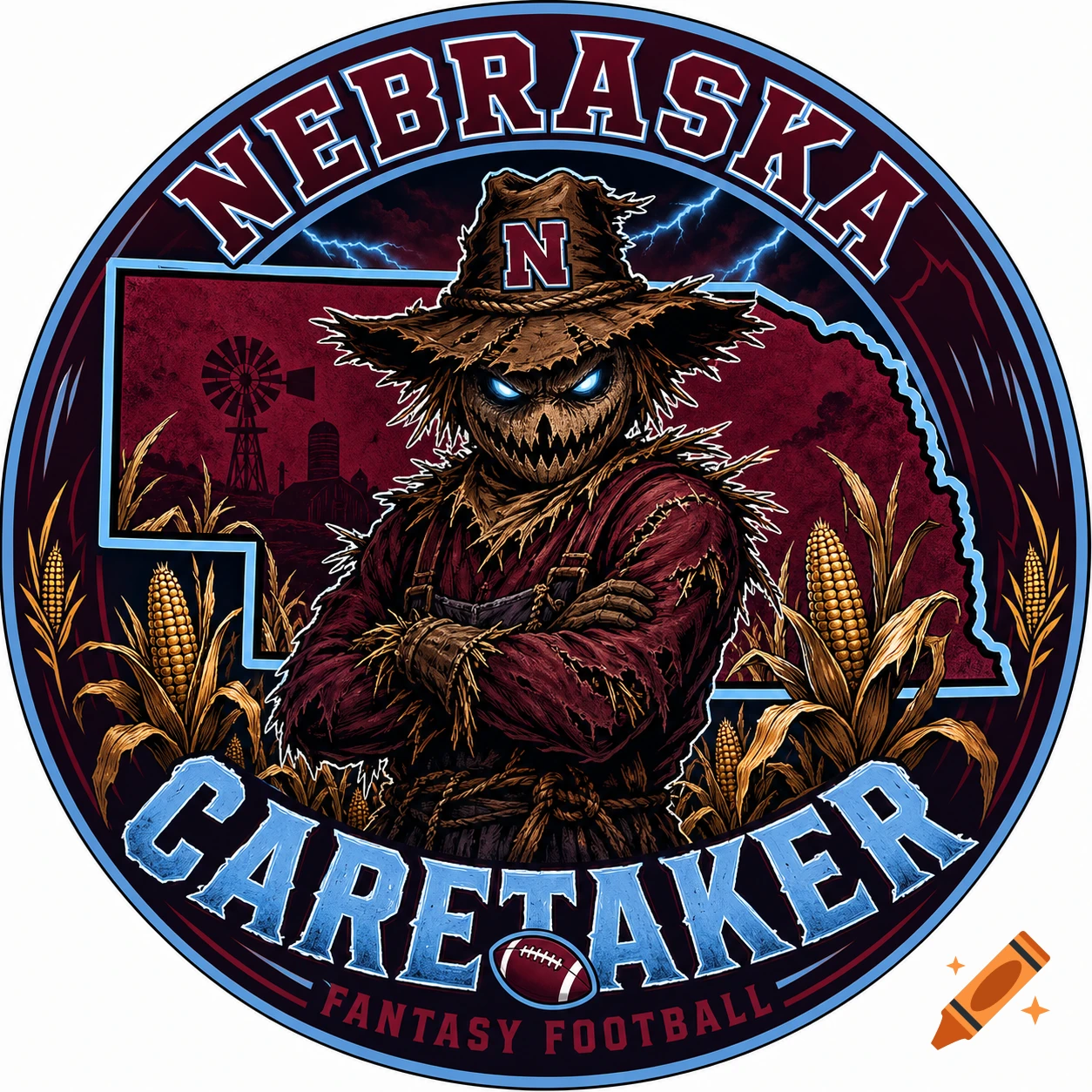 Circular 'Nebraska Caretaker Fantasy Football' logo with a menacing scarecrow, corn, and Nebraska state outline in maroon and blue.