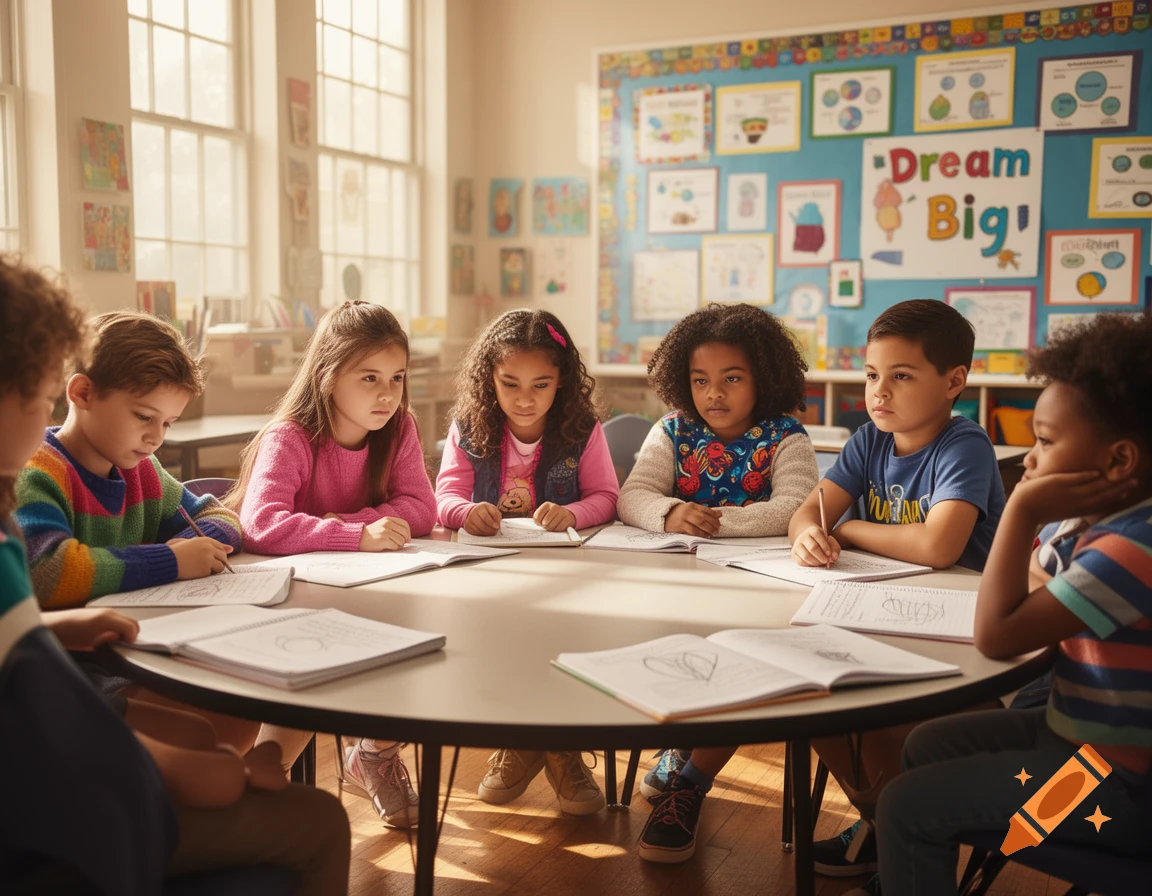 A photorealistic image of diverse fourth-grade students sitting around a table, writing in notebooks in a sunny classroom.