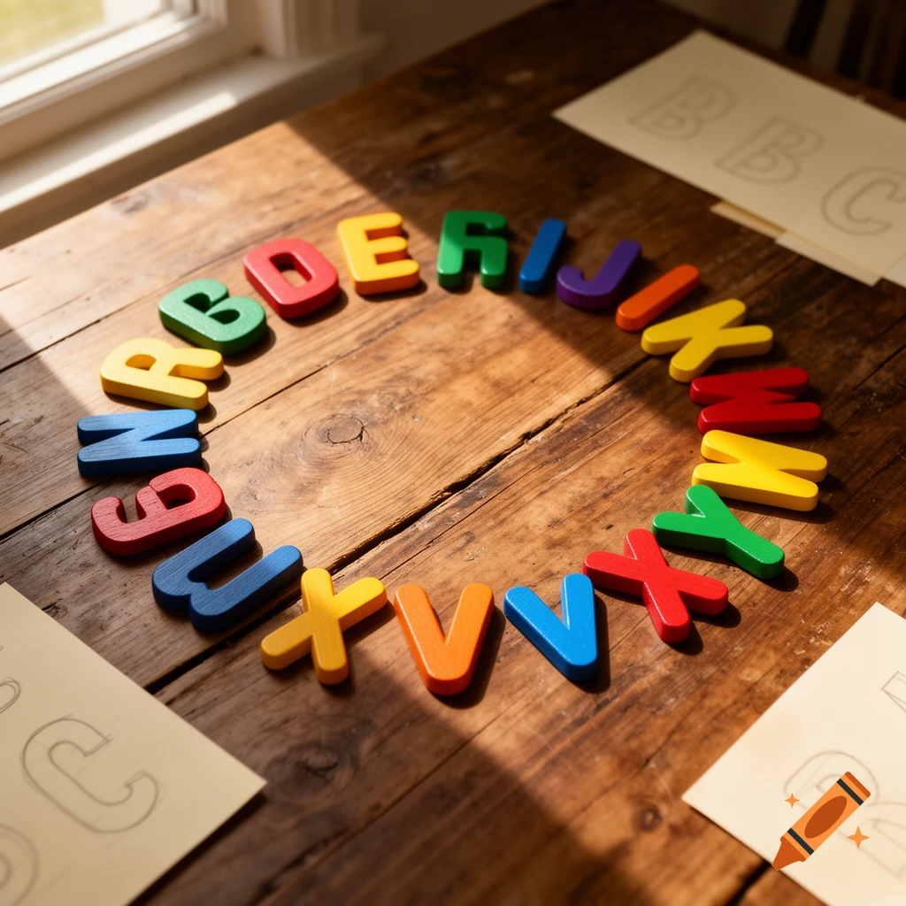 Colorful wooden alphabet letters forming a circle on a rustic wooden table, with sunlight casting shadows and papers showing letter outlines.
