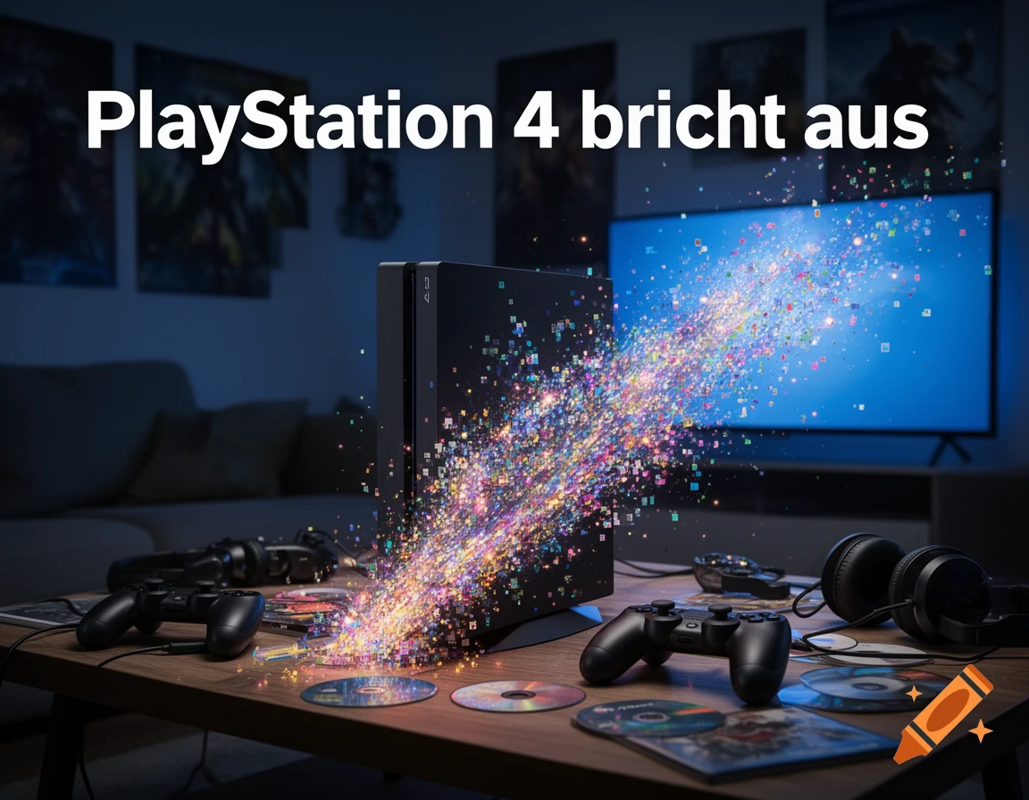 A PlayStation 4 console erupts with colorful digital particles on a table, under the bold text 'PlayStation 4 bricht aus'.