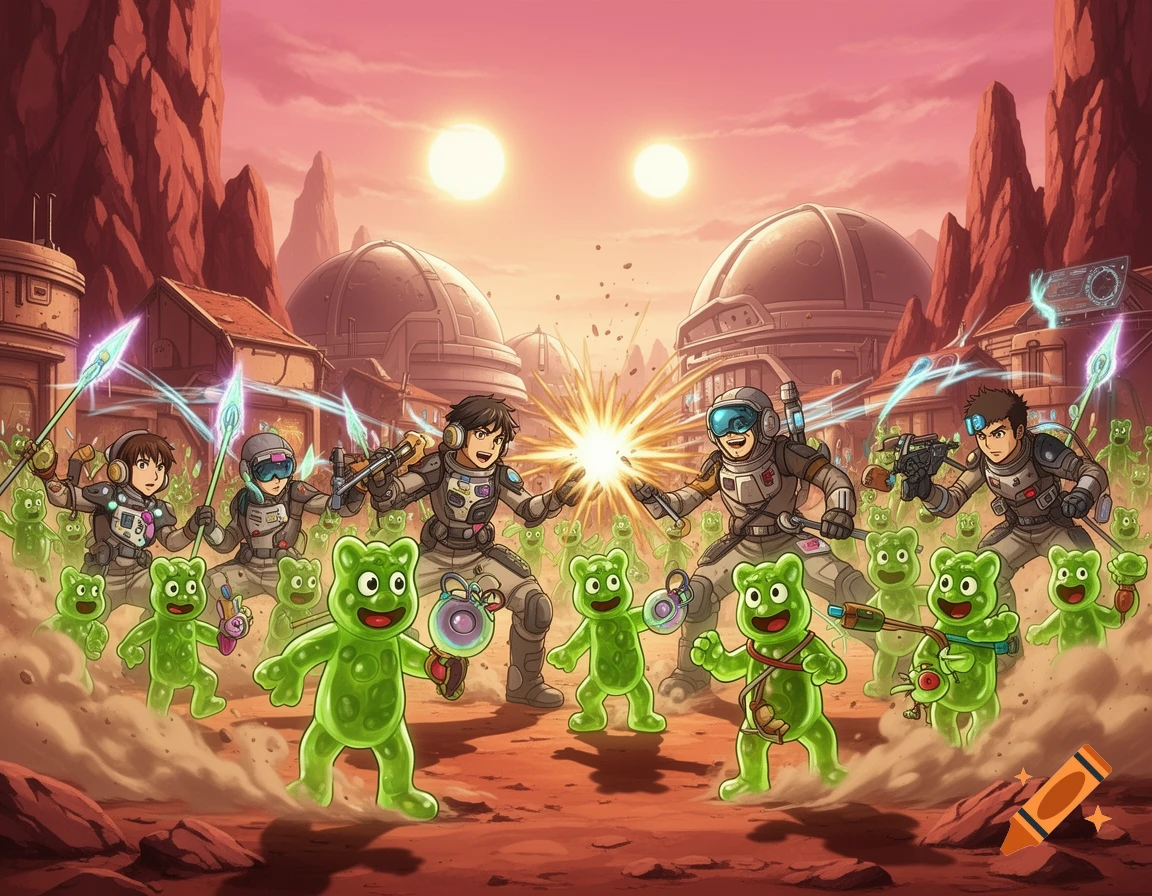 An anime-style battle on Mars, with astronauts fighting an army of green gummy bear aliens in a red desert landscape under two suns.