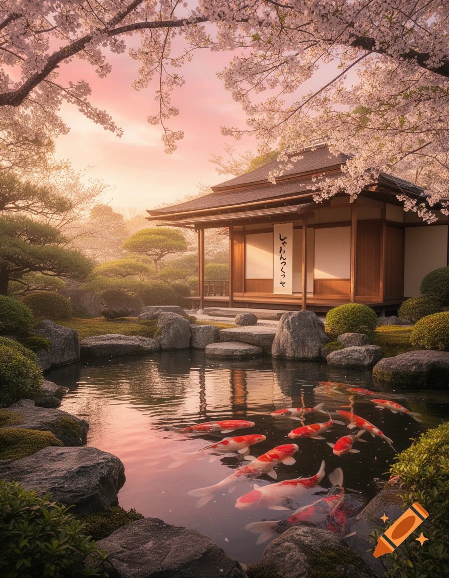 Photorealistic image of a tranquil Japanese garden with a traditional building, pond with koi fish, and blooming cherry blossoms at sunset.