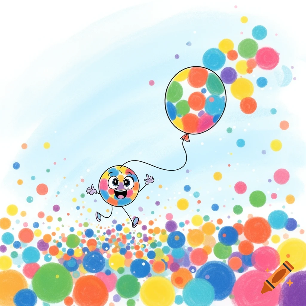 A cheerful, round character made of colorful dots runs while holding a large, colorful dot balloon amidst a field of scattered dots, cartoon style.