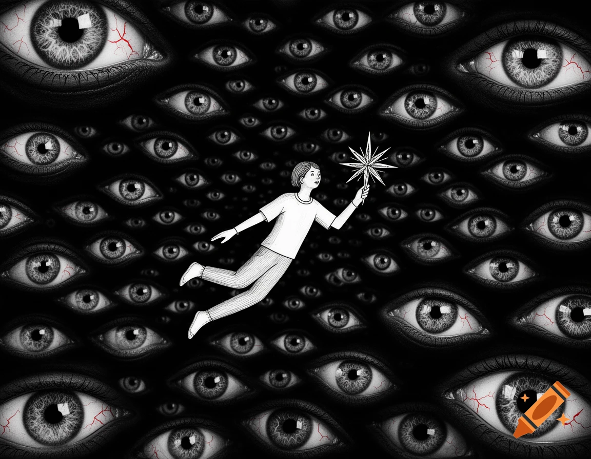 A simplified person floats in a black abyss filled with hyperrealistic eyes, holding a white star, in an ink drawing style with red accents.
