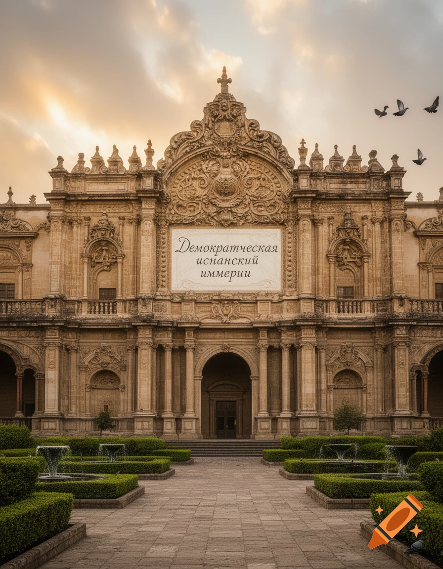 Ornate Baroque building with formal gardens and fountains, displaying "Democratic Spanish Empire" text, under a cloudy sunset.