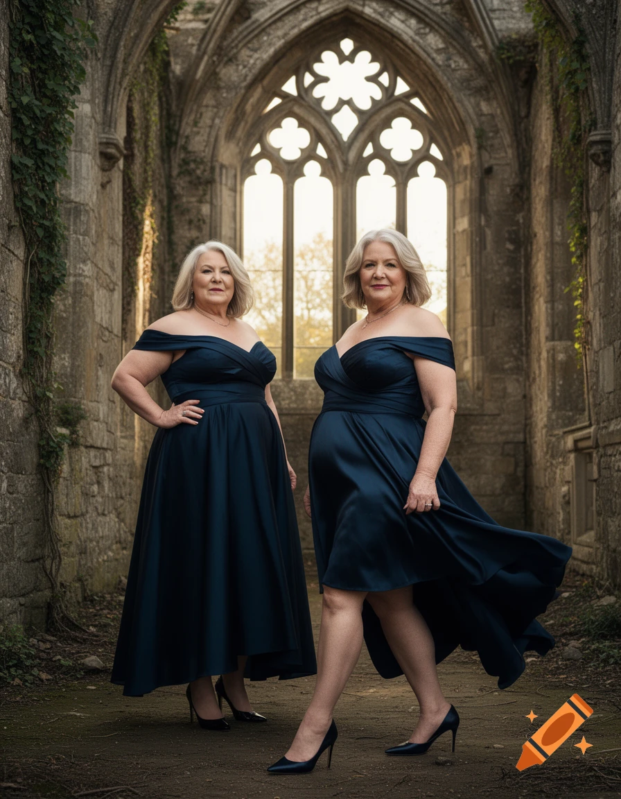 Two older women in dark blue off-the-shoulder evening gowns pose gracefully inside gothic castle ruins with arched windows.