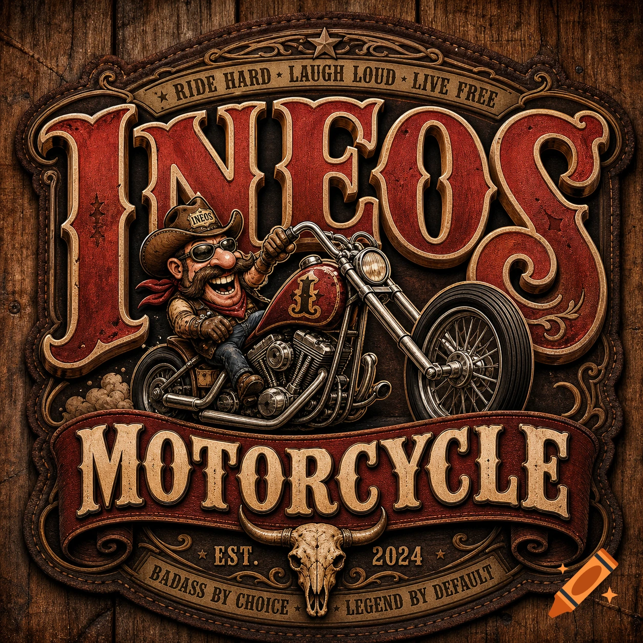 Vintage-style logo for INEOS MOTORCYCLE featuring a cartoon biker, western typography, and a bull skull on a wooden background.