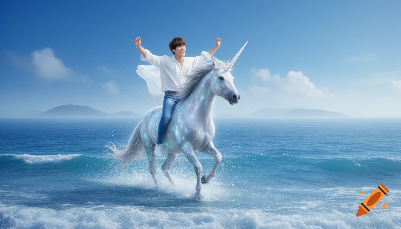 A young man, smiling with arms raised, rides a sparkling white unicorn through the shallow blue ocean water. Distant islands are visible under a clear sky.