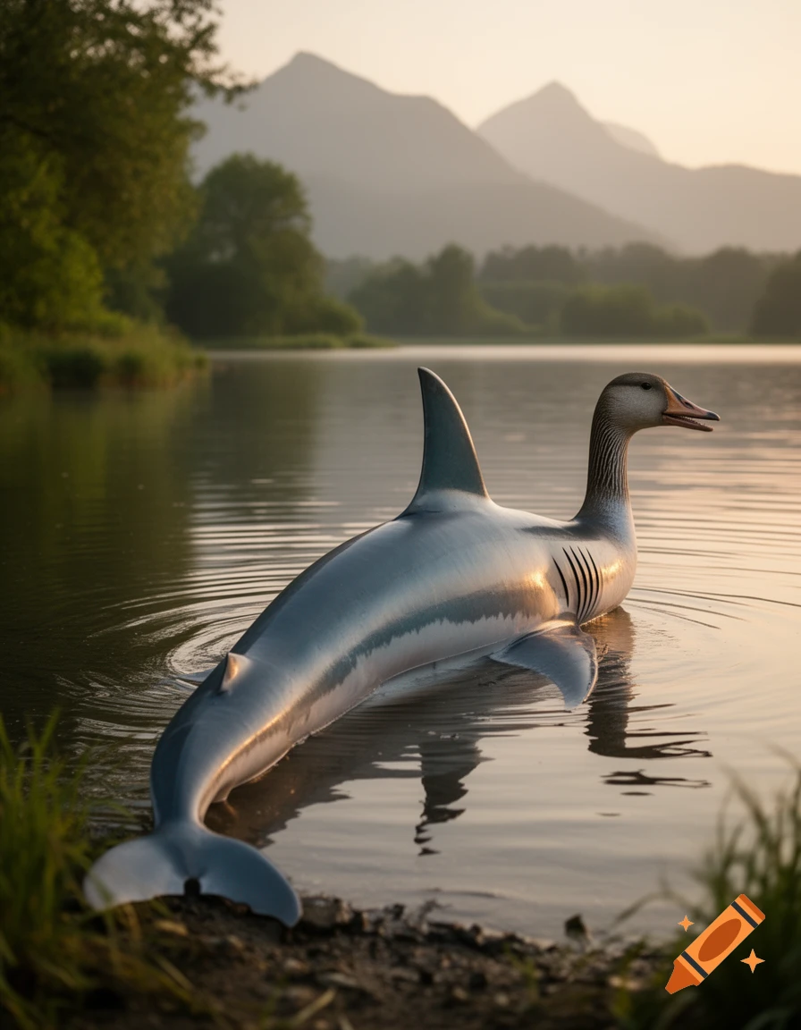 A photorealistic goose-shark hybrid swims in a tranquil lake at sunset, mountains and trees in the distance.