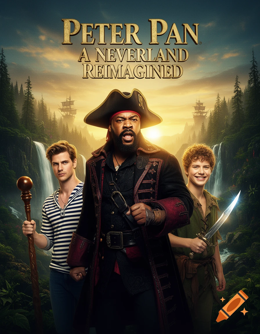 Movie poster for Peter Pan: A Neverland Reimagined, featuring Ice Cube as Captain Hook, a man as Smee, and a boy as Peter Pan in a lush, fantastical landscape with waterfalls and pirate ships.