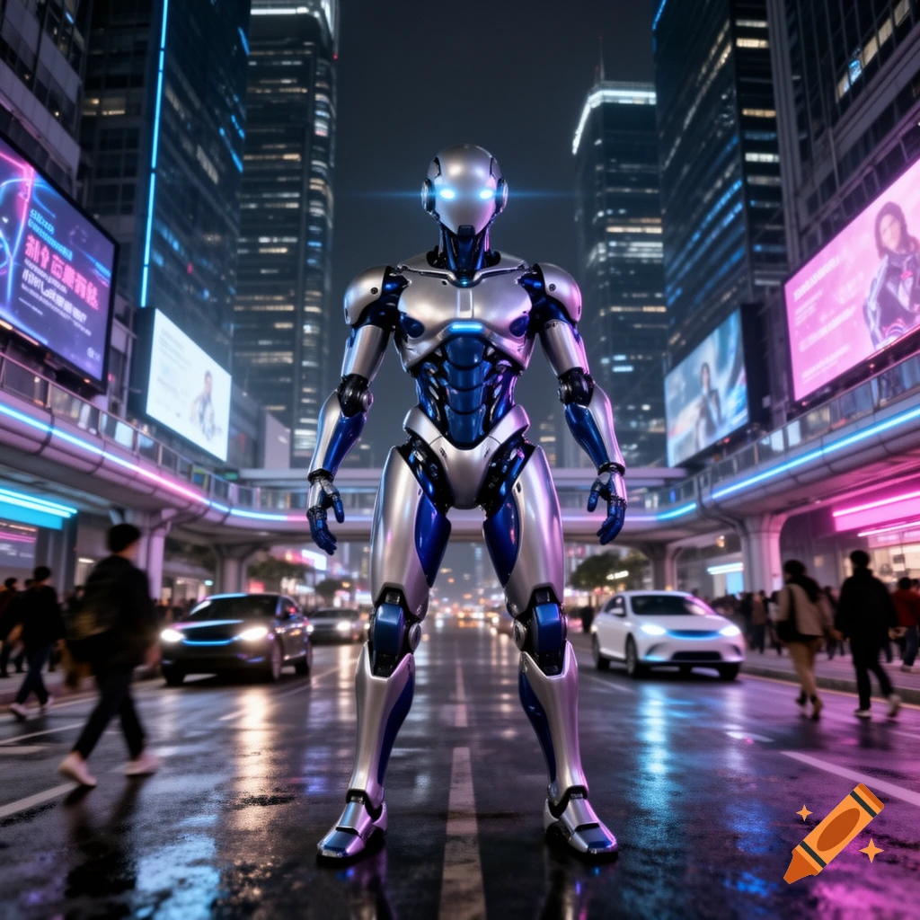 A photorealistic image of a metallic robot with blue accents standing in the middle of a wet, neon-lit futuristic city street at night.