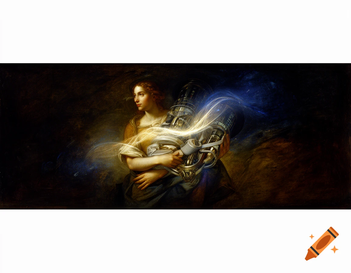 A woman in a Renaissance-style painting holds a glowing futuristic device, depicting a blend of classic and sci-fi art.
