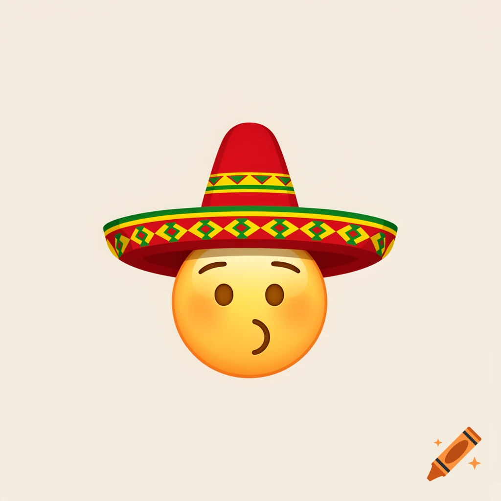 A yellow emoji face with a slightly pensive expression, wearing a colorful red, yellow, and green sombrero.