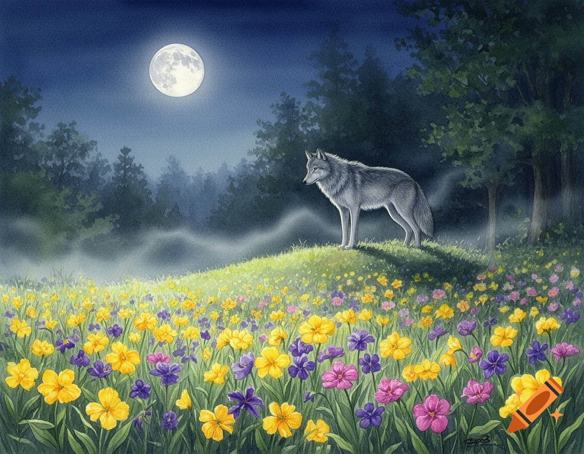 Watercolor of a gray wolf on a moonlit hill in a vibrant wildflower meadow with a forest background.