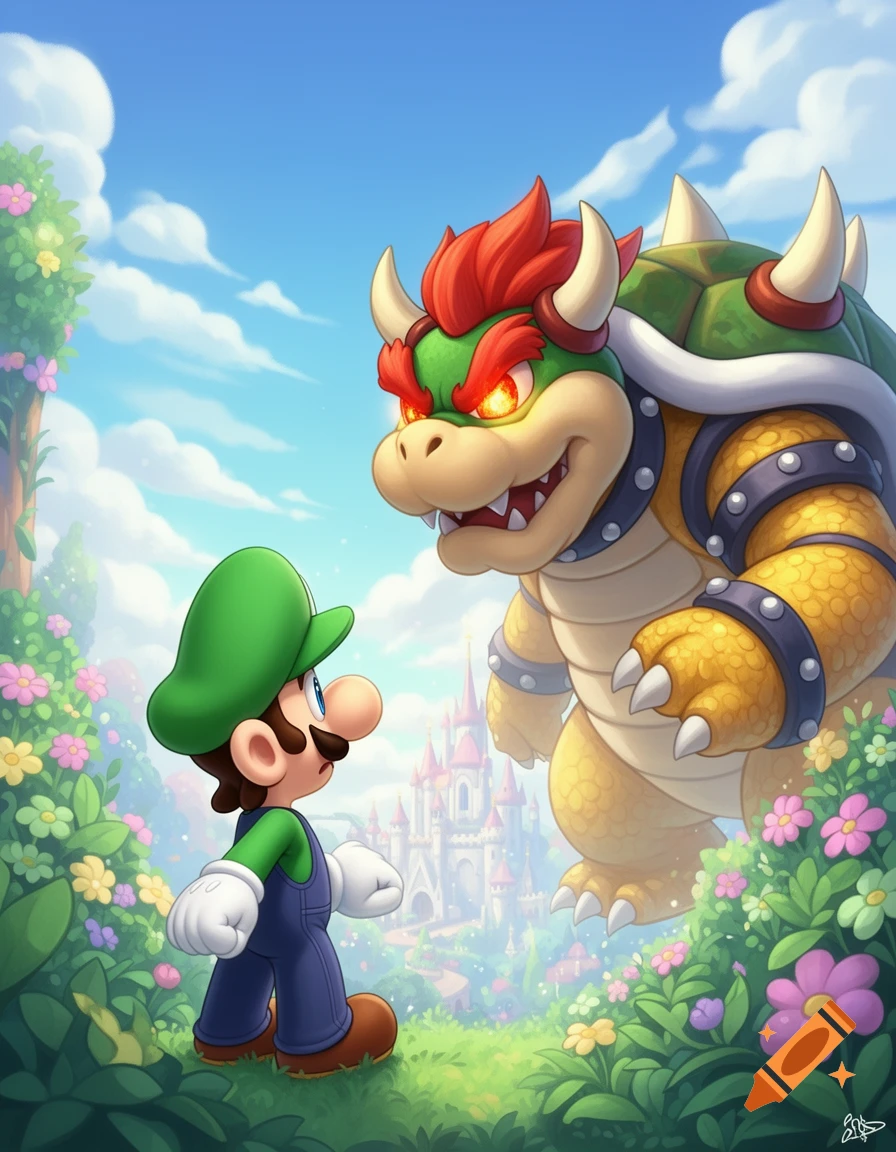 Luigi faces a giant Bowser in a vibrant, flowery landscape with a castle in the background. Stylized illustration.