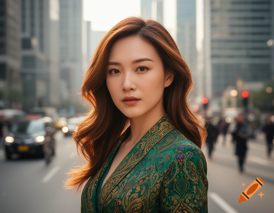 A photorealistic portrait of an Asian woman in a green patterned blazer, standing on a bustling city street.