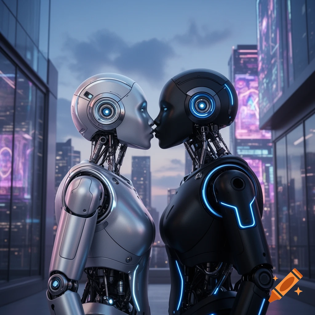 Two photorealistic robots, one silver and one black with blue lights, lean in for a kiss in a futuristic city at dusk.