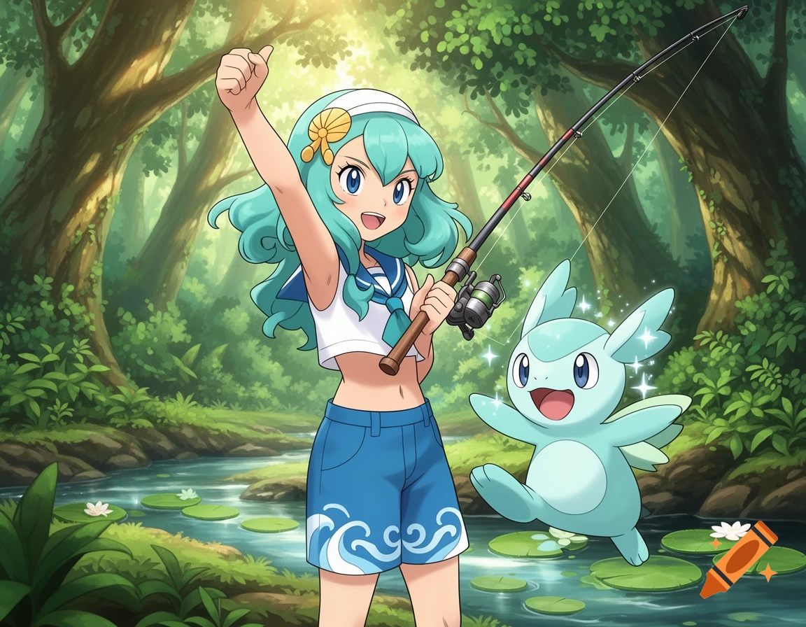 Anime girl Lana in a forest, holding a fishing rod and giving a thumbs up next to an excited blue Pokémon-like creature by a stream.