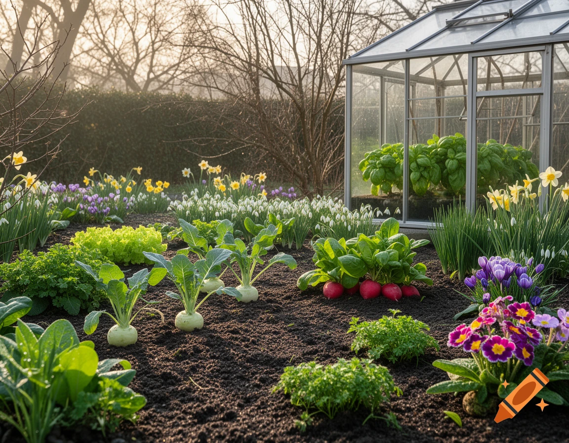 A vibrant early spring garden with neat rows of green vegetables, colorful blooming flowers, and a glass greenhouse, bathed in warm sunlight.