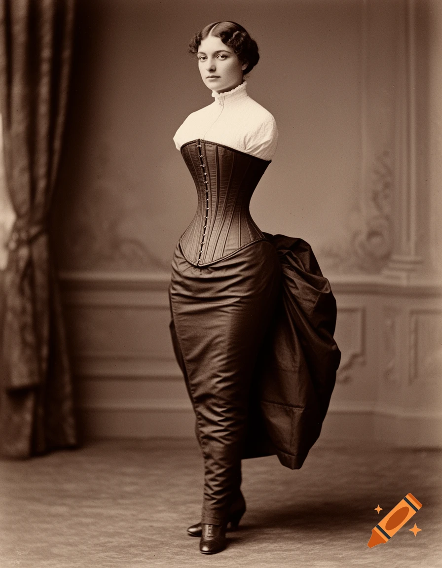 Sepia-toned historical photograph of a woman in an extremely tight corset and bustle dress, standing upright.