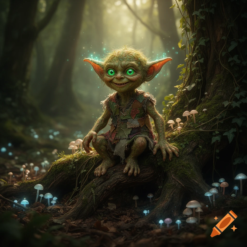 A small, green goblin-like creature with glowing green eyes sits on a mossy tree root in a mystical forest, surrounded by glowing mushrooms.