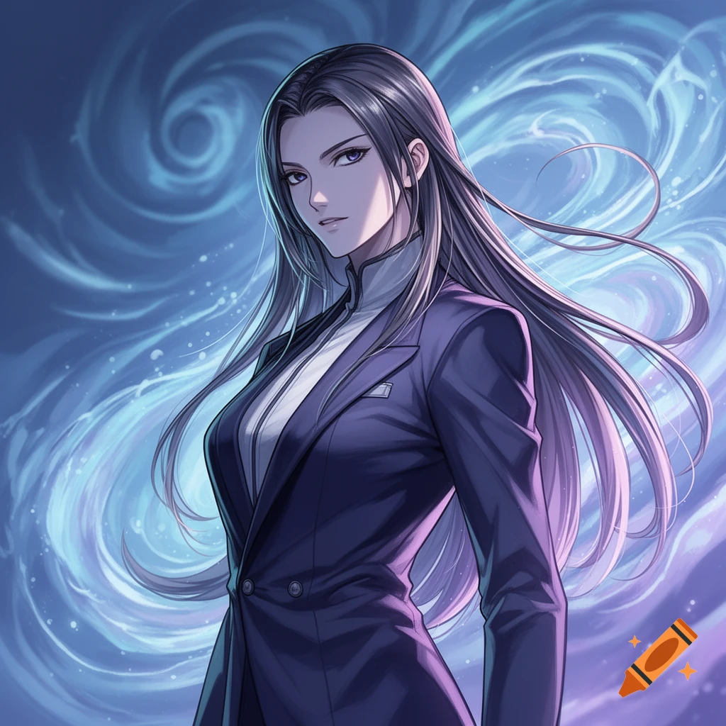 Anime art of a long-haired woman in a dark suit against a swirling blue and purple magical aura.