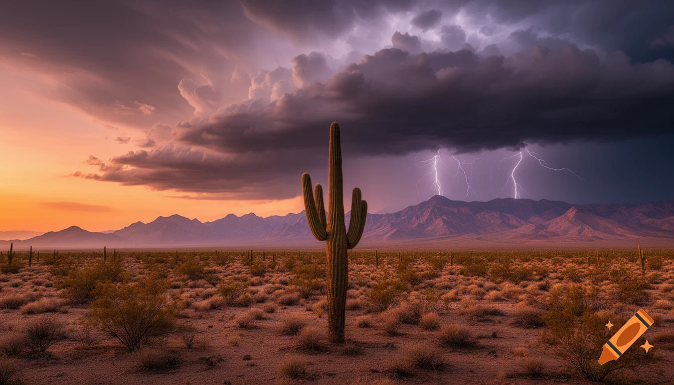 A saguaro cactus in the Sonoran desert at sunset with mountains on the horizon, under dark storm clouds with lightning.