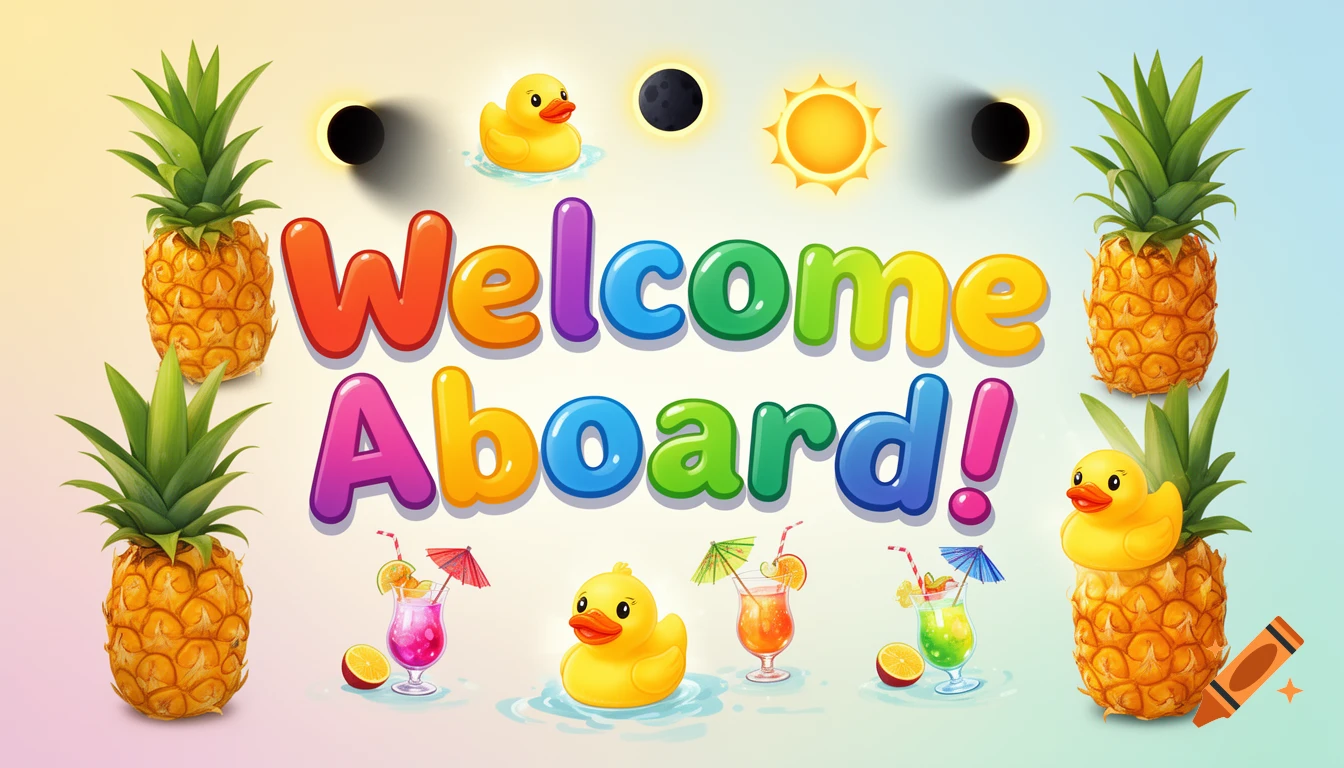 Colorful cartoon 'Welcome Aboard!' text, surrounded by pineapples, rubber ducks, cocktails, and solar eclipses.